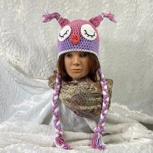 Handmade Owl Earflap Crocheted Hat with Braids Big sleepy Hoot eyes